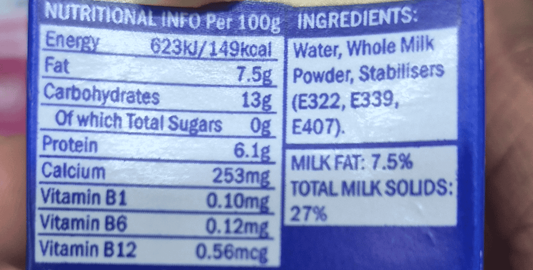 Close-up photo of a packaged dairy product nutrition label showing an ingredient list with stabilisers and food additives, illustrating an example of an ultra-processed food.