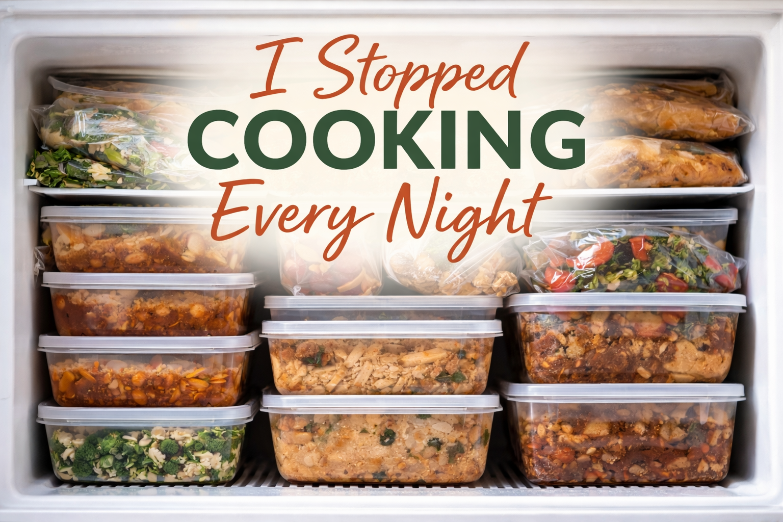 Open home freezer filled with unlabeled containers of homemade meals