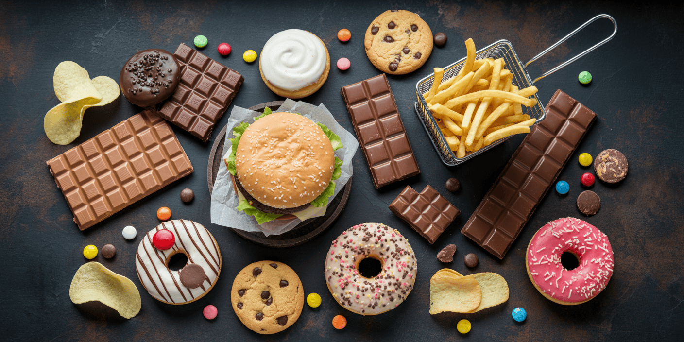 A top-down view of an assortment of unhealthy snacks and treats arranged on a dark textured surface.
