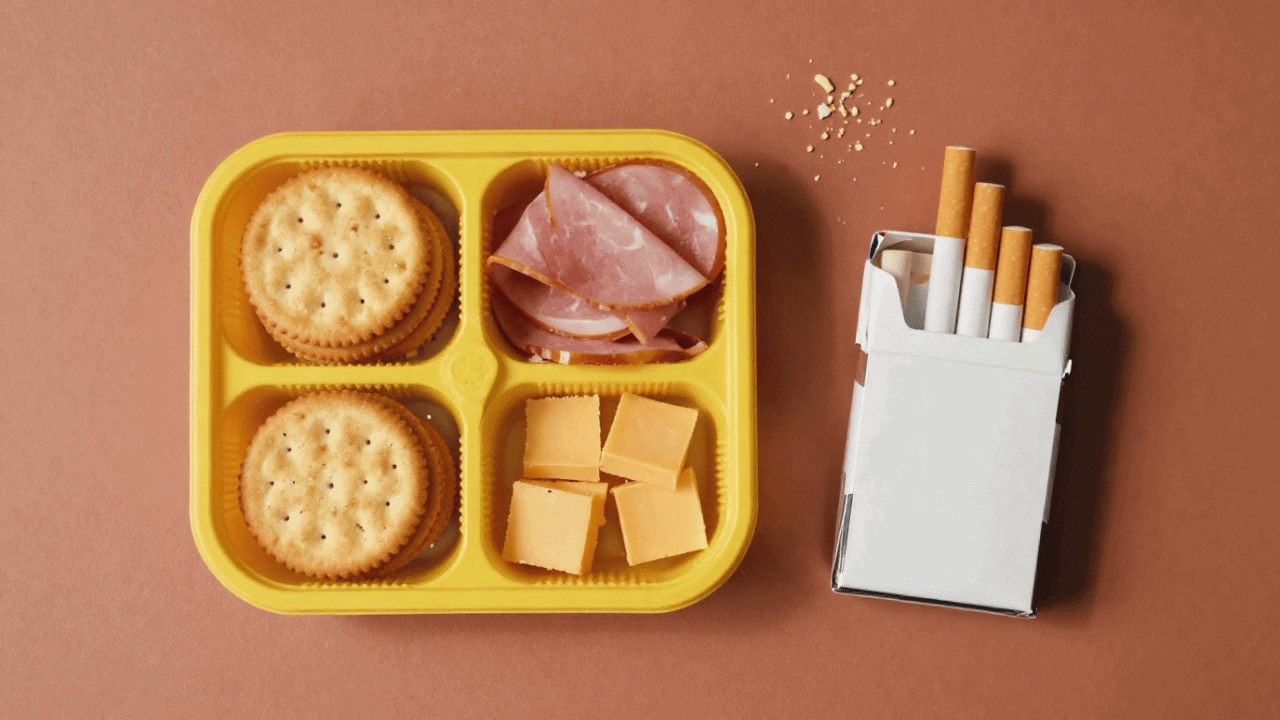 Compartment lunch tray with crackers, cheese and deli meat beside a cigarette pack, illustrating the connection between tobacco industry research and processed foods.