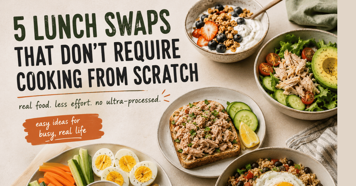Flat lay of simple no-cook lunch ideas including yogurt with berries and granola, tuna on toast, eggs with vegetables and hummus, chicken salad, and a rice bowl with a fried egg beside text reading “5 Lunch Swaps That Don’t Require Cooking From Scratch.