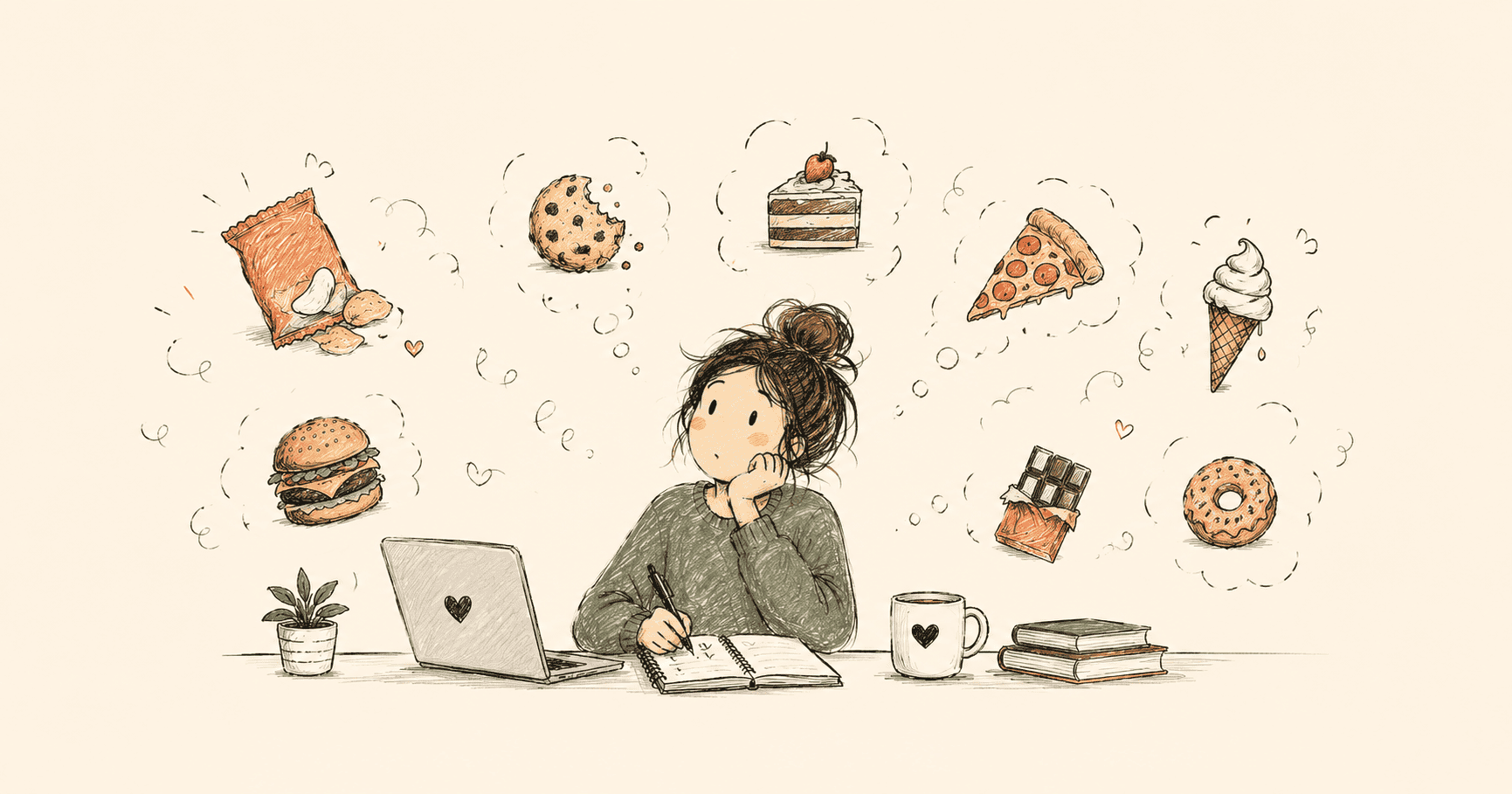 Doodle-style illustration showing food noise, with a woman distracted by thoughts of chips, pizza, cookies, ice cream, and other foods.