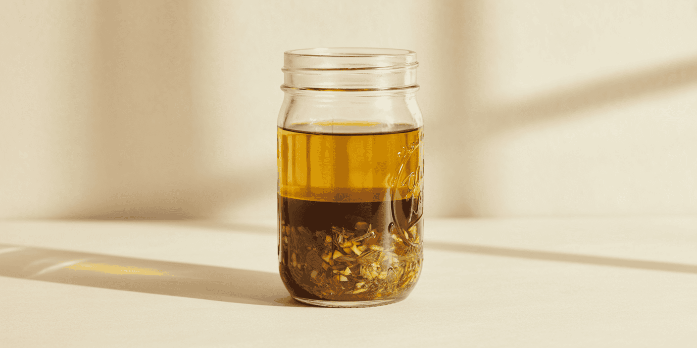 A photograph of a clear glass mason jar containing a layered marinade mixture. The jar is filled with three distinct layers: a golden-yellow oil on top, a dark brown liquid in the middle, and a bottom layer containing herbs and spices.