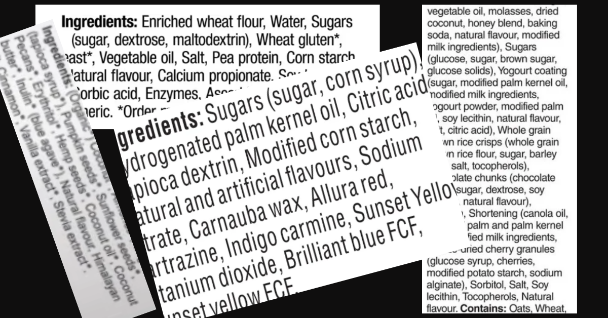 Close-up collage of long ingredient lists showing artificial colors, modified starches, and preservatives commonly found in ultra-processed foods.