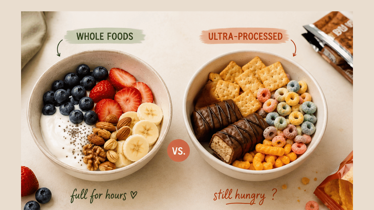 Side by side bowls comparing a whole food meal with yogurt, fruit, and nuts against an ultra-processed snack bowl filled with cereal, crackers, candy, and snack bars, illustrating why some foods feel more filling than others.