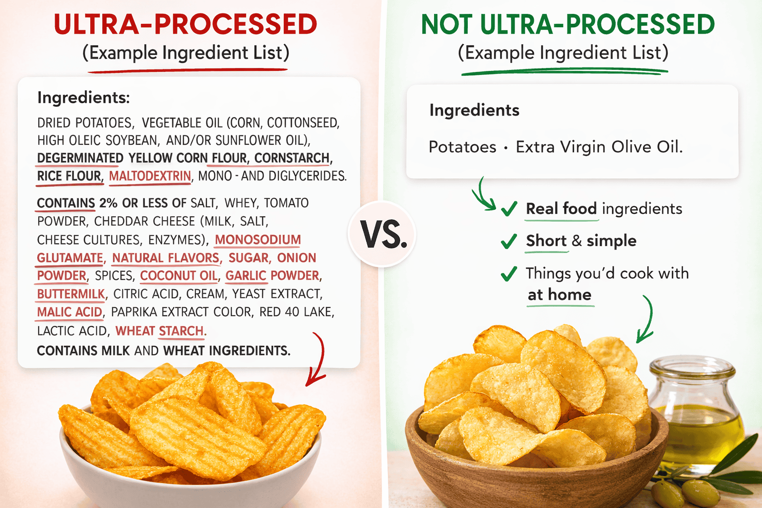 Comparison of ultra-processed potato chips ingredient list versus simple chips made with potatoes and extra virgin olive oil.